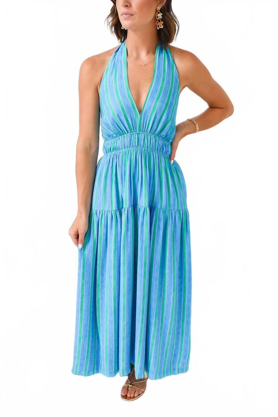 NEW B.RIGHT crush halter maxi dress in blue/green